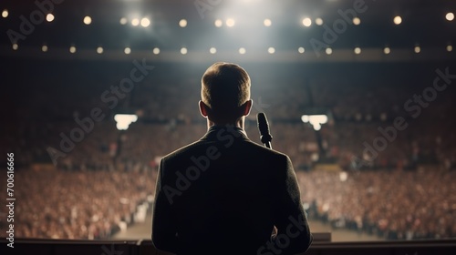 Speaker oder Redner bei einer Konferenz auf der Bühne vor dem Mikrofon. Auftritt vor Publikum auf einem Konzert. photo