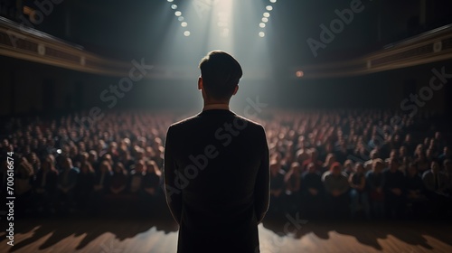 Speaker oder Redner bei einer Konferenz auf der Bühne vor dem Mikrofon. Auftritt vor Publikum auf einem Konzert.