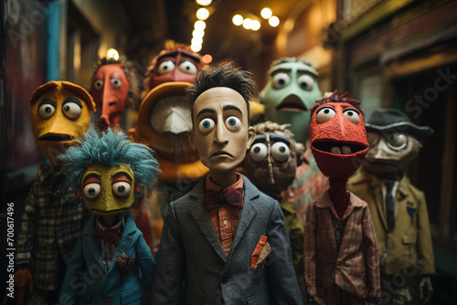 A whimsical portrayal of puppets in between shows, as if they have a life of their own backstage.