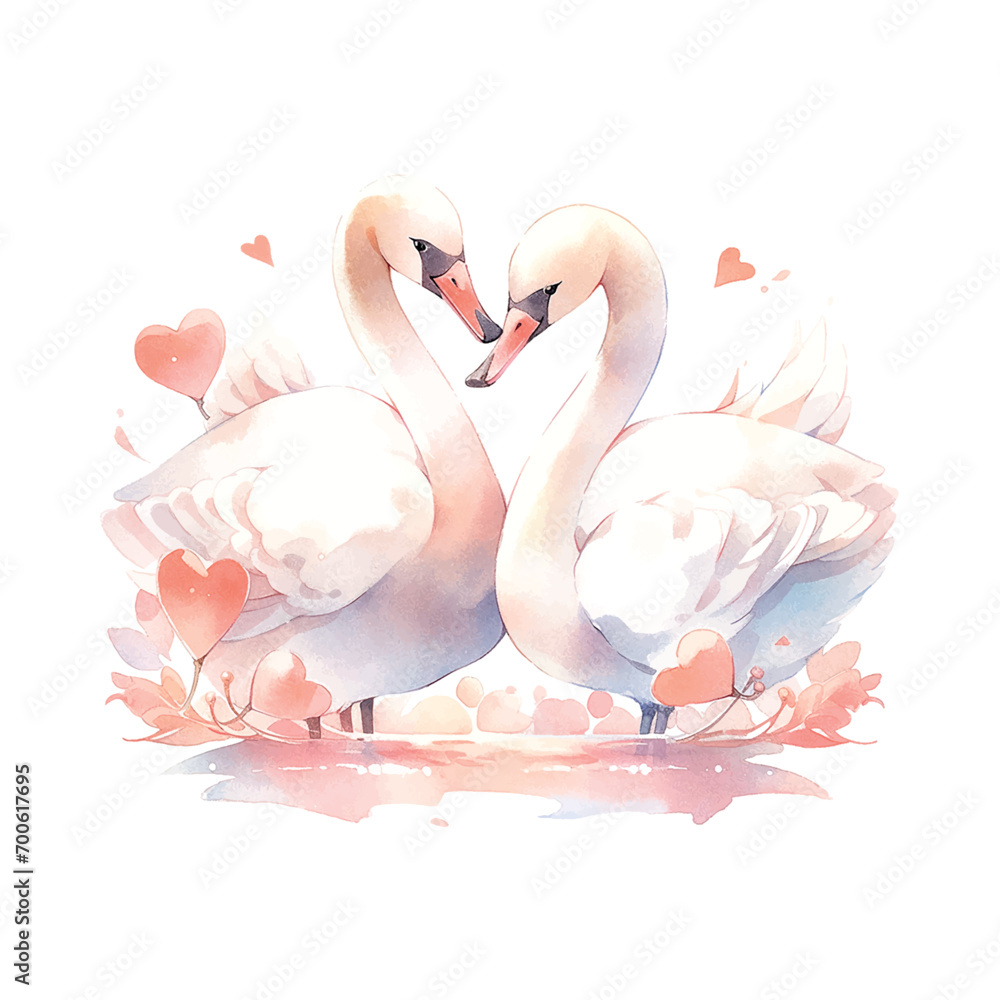 Naklejka premium Valentine's Day Wedding White Swans watercolor vector