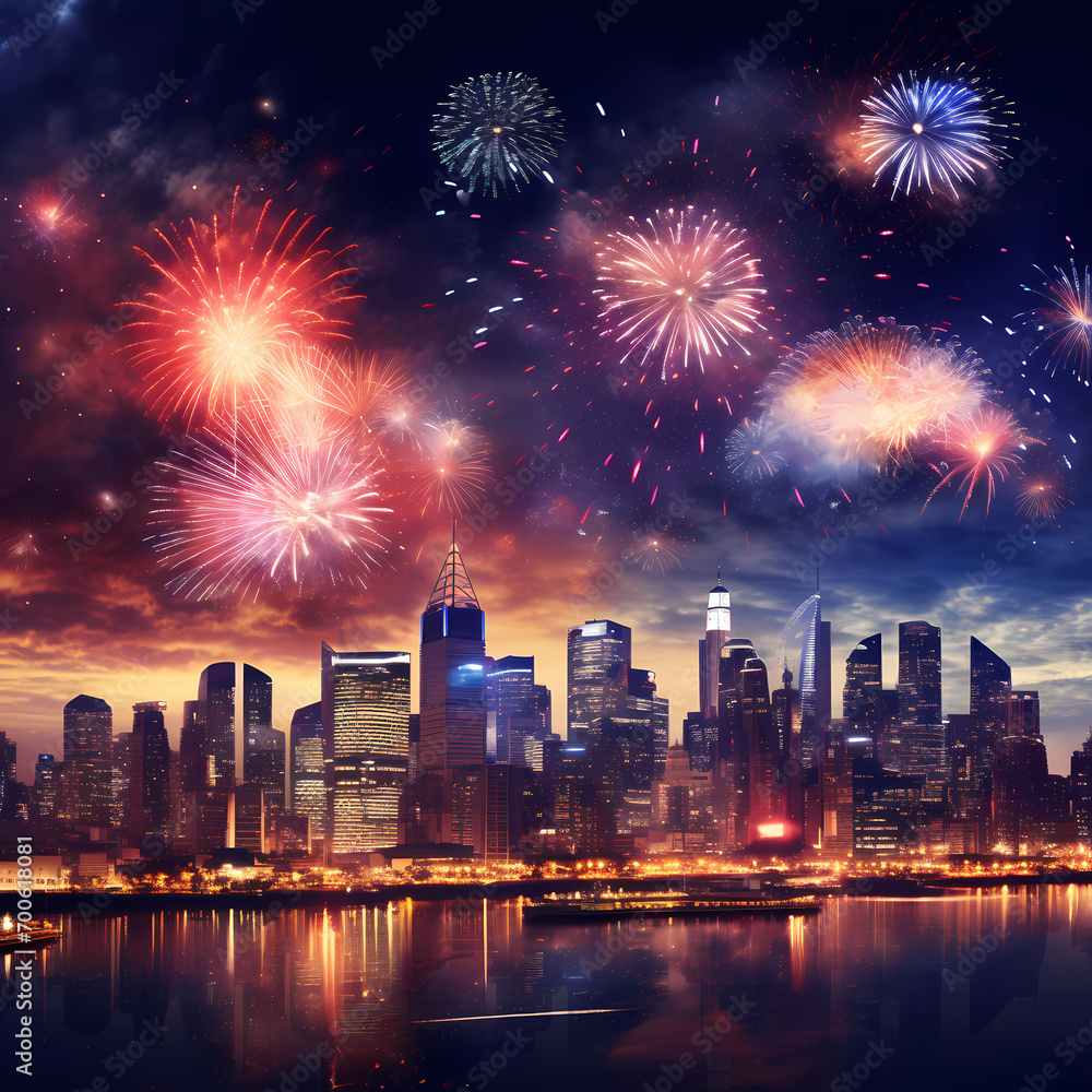 A city skyline with fireworks lighting up the night sky.