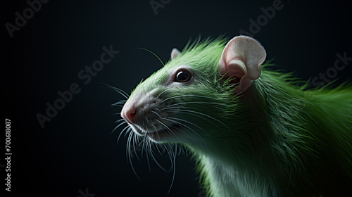 Ratte mit grünem Fell vor schwarzem Hintergrund. Profil, Halbtotale. Fotorealistische Illustration