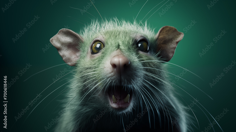 Ratte mit grünem Fell blickt ängstlich vor grünem Hintergrund. Nahaufnahme. Fotorealistische Illustration - obrazy, fototapety, plakaty 