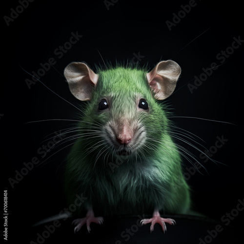 Ratte mit grünem Fell blickt ängstlich vor schwarzem Hintergrund. Portrait, frontal. Fotorealistische Illustration