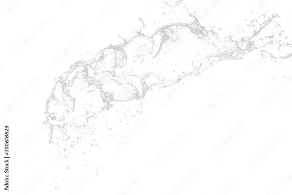Fototapeta premium Shape form throw of Water splashes into drop water attack fluttering in air and stop motion freeze shot. Splash Water for explosion texture graphic resource elements, black background isolated