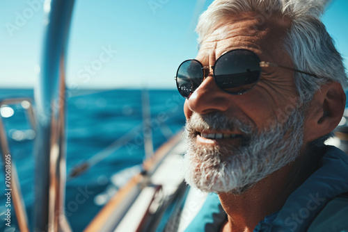 Satisfied Grey-Haired Senior Man with Sunglasses on Sunny Yacht