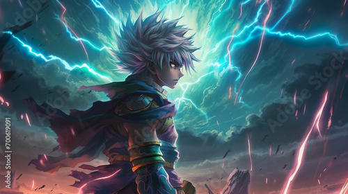 Anime-Krieger im epischen Sturm der Elemente