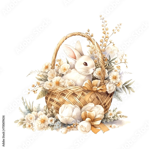 golden easter eggs with flowers in a basket, white rabbit vintage style on white background