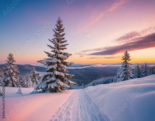 Snowy landscape at sunset time,Sunset in the wood in winter period,Generative AI © Creative Catalog