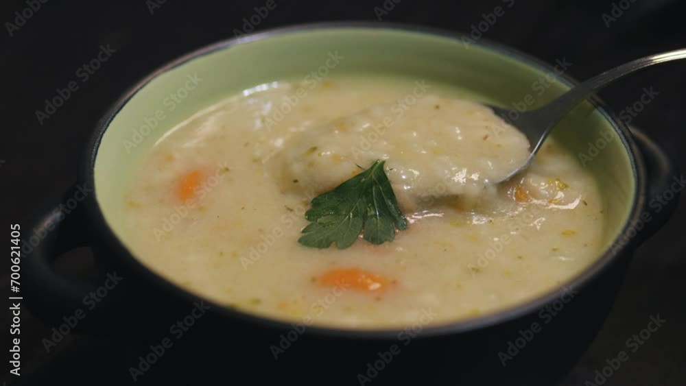 Eating homemade cream soup in black bowl with spoon. Close up. Eating homemade cream soup in black bowl with spoon. Close up.