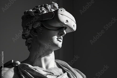 A stone stoic sculpture, statue of a person wearing a VR, virtual reality headset portraying the combination of technology and ancient art.