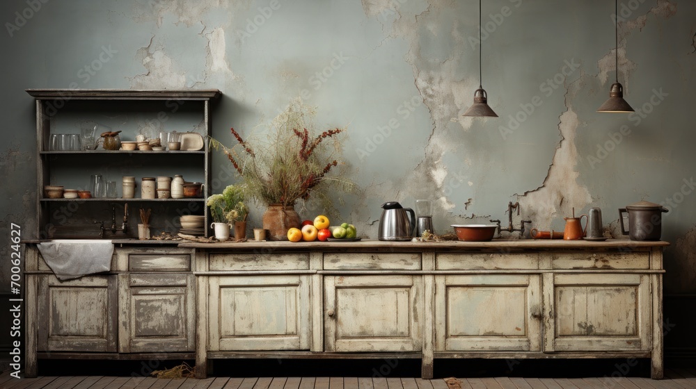 old kitchen with dirty floor, broken equipment, peeling paint on the walls