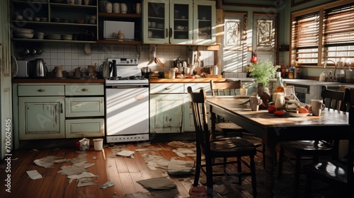 old kitchen with dirty floor, broken equipment, peeling paint on the walls photo