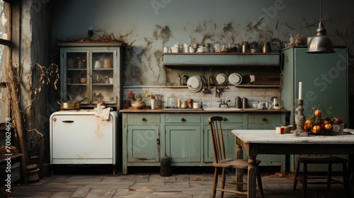 old kitchen with dirty floor  broken equipment  peeling paint on the walls