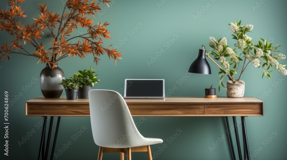 Modern minimal home office workplace background decorated with plants and minimalist furniture Modern minimal home office workplace background decorated with plants and minimalist furniture