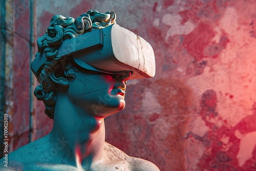 A stone stoic sculpture, statue of a person wearing a VR, virtual reality headset portraying the combination of technology and ancient art. © Merilno