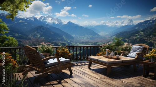 Balcony view of mountains with table and chairs. Background with beautiful views.