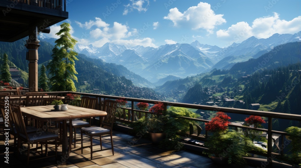 Balcony view of mountains with table and chairs. Background with beautiful views.