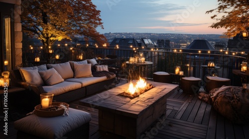 Cozy autumn evening on the terrace with modern design and lights with city views