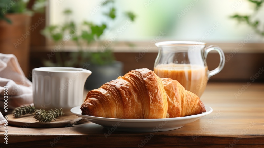 Croissants and coffee on the kitchen counter on the table Croissants and coffee on the kitchen counter on the table