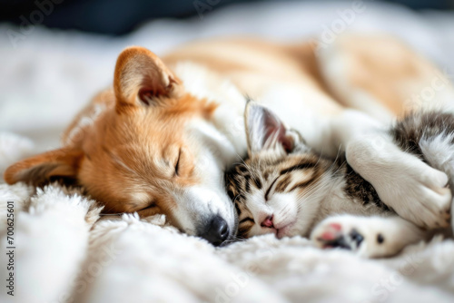 a puppy is sleeping next to a kitten on a bed