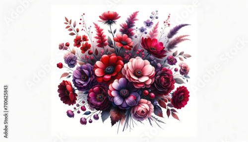 Floral bouquet red purple pink watercolor flowers isolated on white background