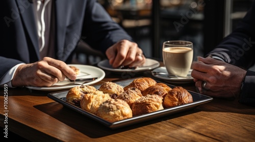 view of two people's hands at a table with coffee and cake snacks in a cafe having a meeting photo