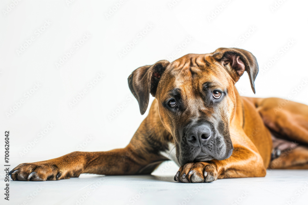boxer dog lying down on white background