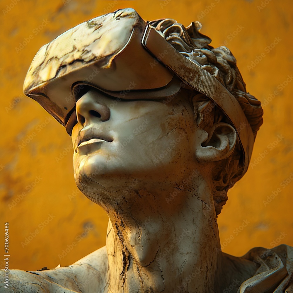 Obraz premium A stone stoic sculpture, statue of a person wearing a VR, virtual reality headset portraying the combination of technology and ancient art.