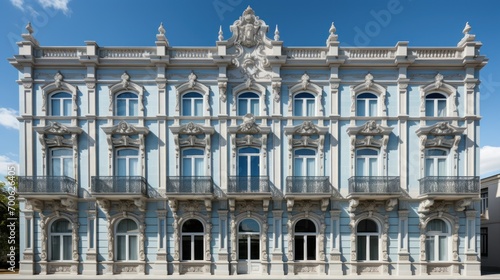 Fragment of historic building facade with front view on sunny day