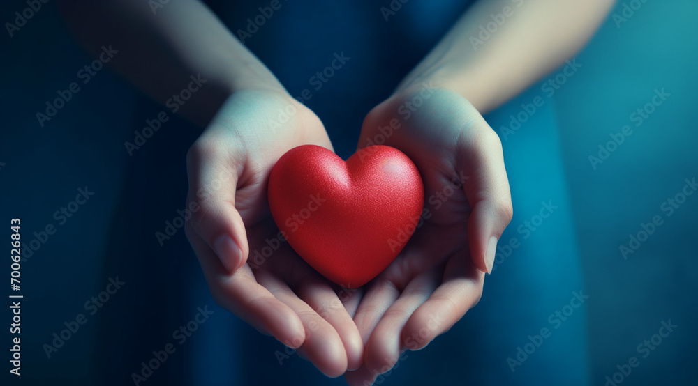 The essence of love with hands presenting a red heart on a serene blue background, an eloquent symbol of affection. Generative AI. The essence of love with hands presenting a red heart on a serene blue background, an eloquent symbol of affection. Generative AI.