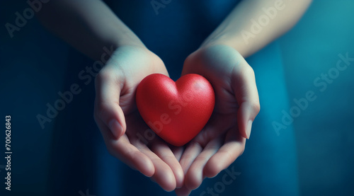 The essence of love with hands presenting a red heart on a serene blue background  an eloquent symbol of affection. Generative AI.