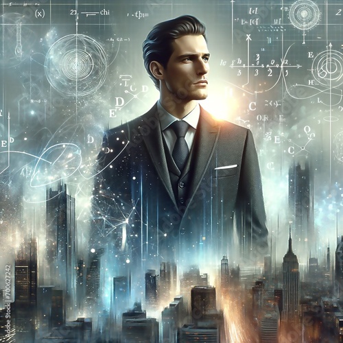 a man in a suit and tie is surrounded by mathematical equations