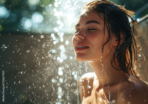 Young girl washing under the shower water splashes over the girl's clean body