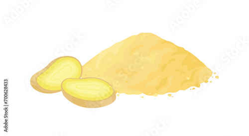 Ginger powder pile and sliced ginger root. Vector cartoon flat illustration spicy spice seasoning. 