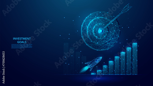 rocket launch, bar graph, pie graph, magnifying glass. growth analysis data in low poly concept blue background and sparkling stars.
