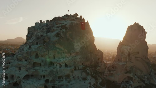 The Famous Uchhisar Cave Castle In Cappadocia, At Sunset, Turkey, Aerial View photo