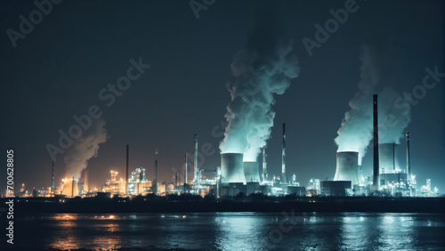 factory production at night on the river or sea bank smoke from chimneys environmental pollution