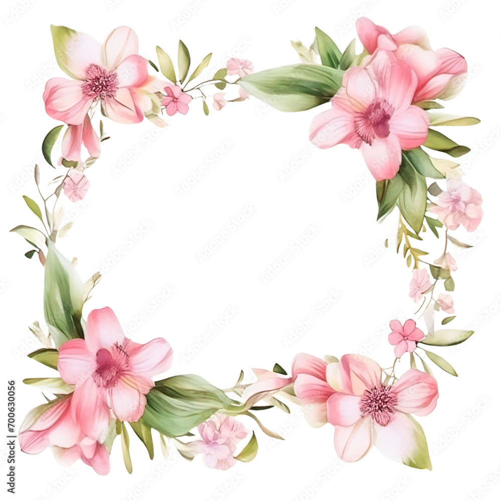 Beautiful spring floral frame. Watercolor pink flowers and green leaf on white background. Holiday botanical border for cards  on a transparent background 
