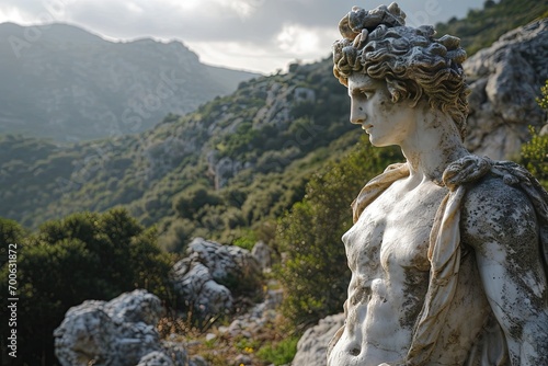 A stone stoic sculpture  statue of a person in a beautiful environment.