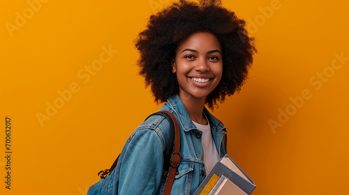 black woman with afro curly hair, holding notebooks and smiling in a photography studio