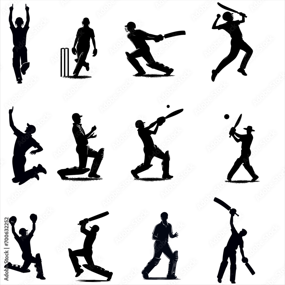 set of cricket players silhouettes ,set of cricket silhouettes