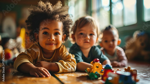 Portrait of a group of children in a kindergarten playing with toys photo