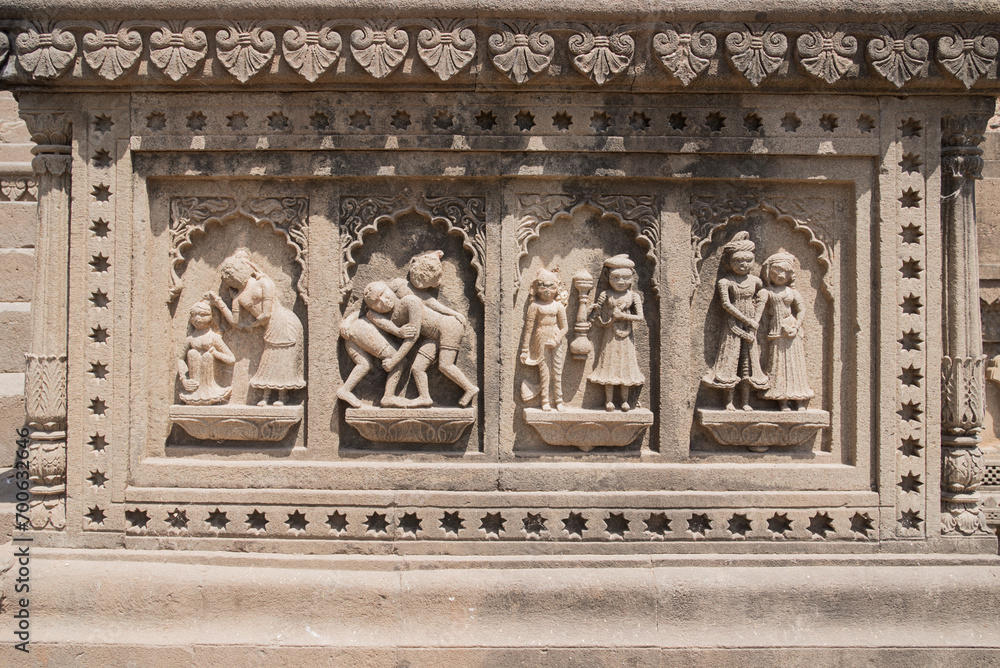 Beautiful sculpture or carvings on the wall of Maheshwar temple, Ahilya fort, Maheshwar, Madhya Pradesh, India, Asia.