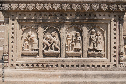 Beautiful sculpture or carvings on the wall of Maheshwar temple, Ahilya fort, Maheshwar, Madhya Pradesh, India, Asia. photo