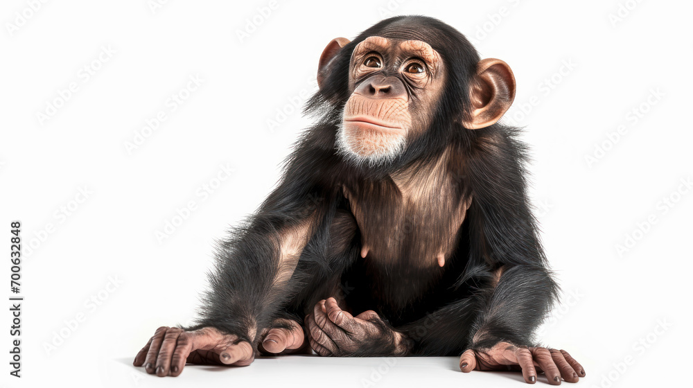 Fototapeta premium a chimpanzee on white background is looking up. Generative AI