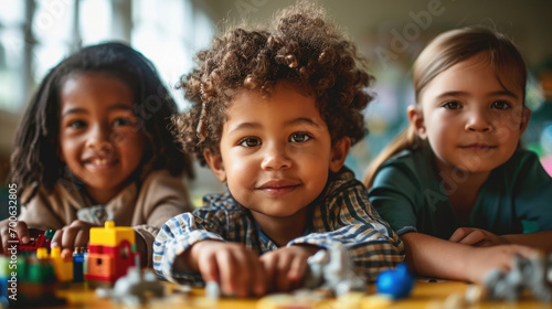 Portrait of a group of children in a kindergarten playing with toys