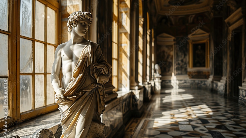 A stone stoic sculpture, statue of a person in a beautiful environment.