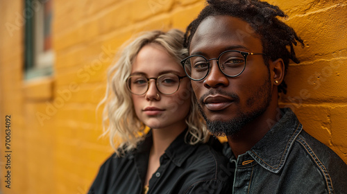 couple of black man and blonde woman, wearing black clothes and glasses on a yellow background