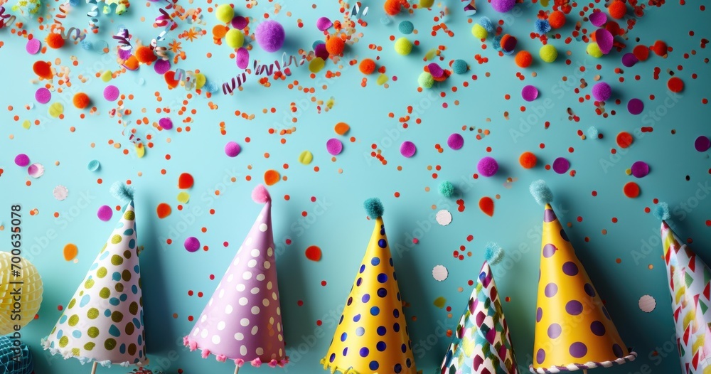 colorful party hats and confetti on blue background colorful party hats and confetti on blue background